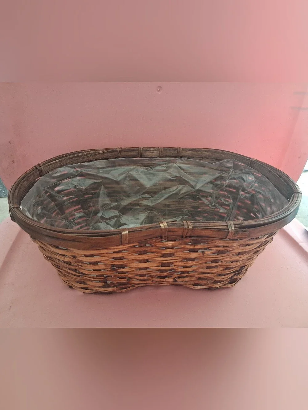 Peanut Shaped Basket Two Toned Woven Wicker Rattan With Liner Vintage